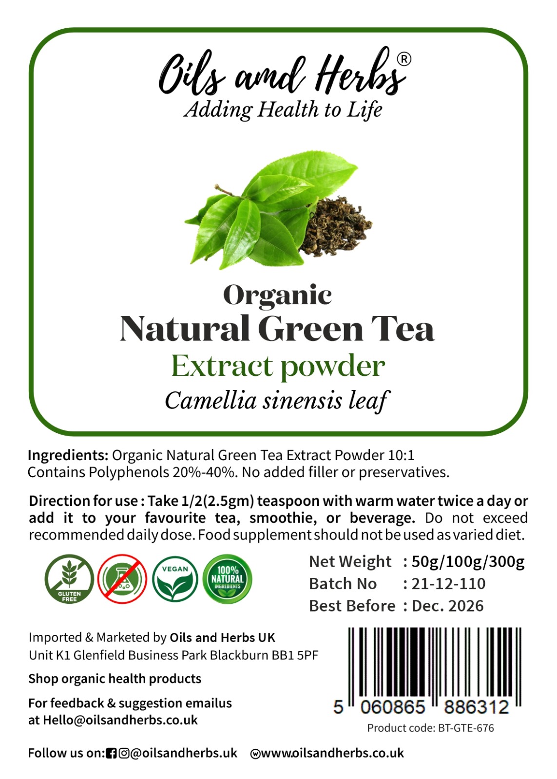 Natural Green Tea Extract Powder 10:1 – 40% Polyphenols